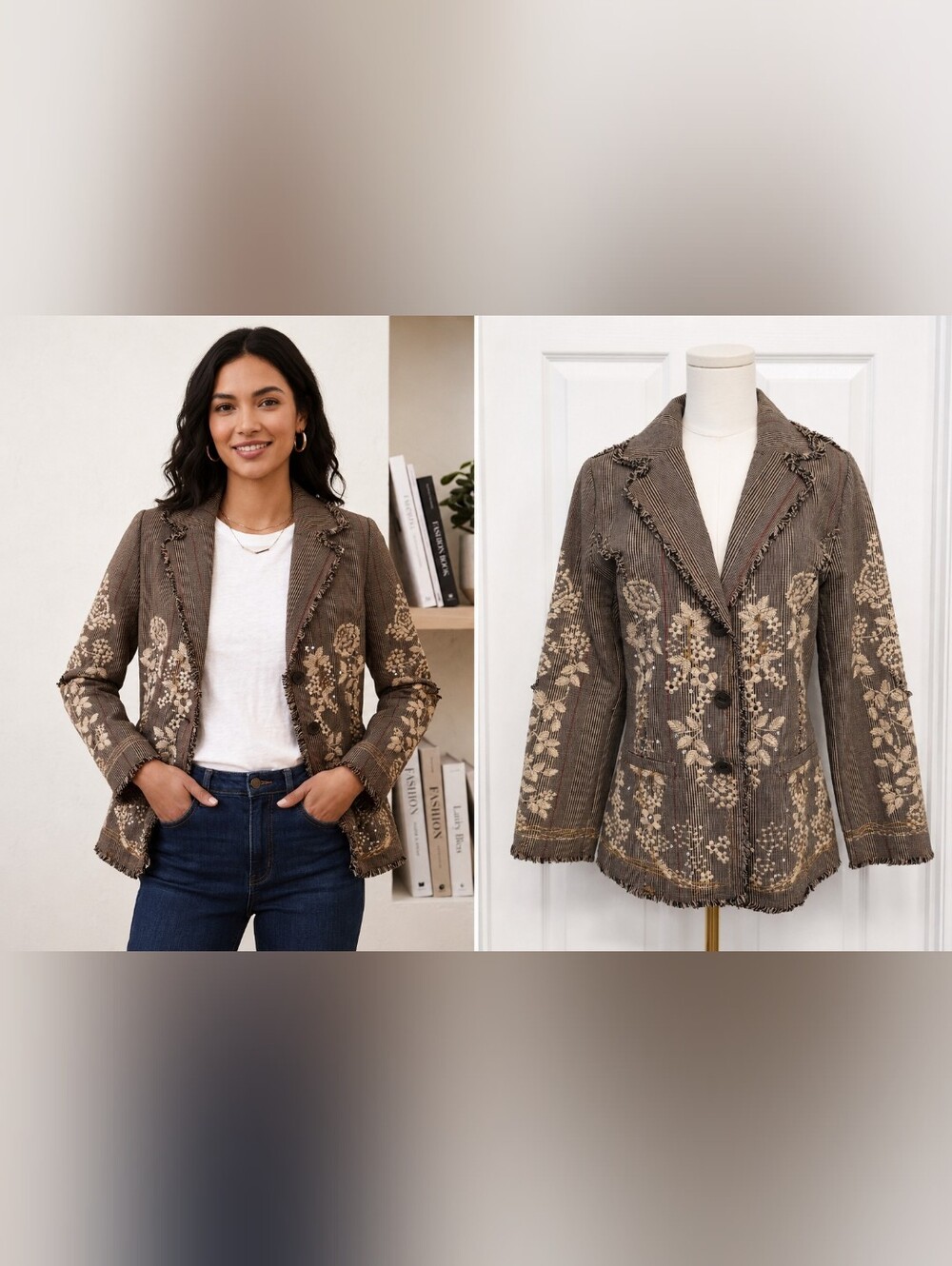 Paparazzi by BIZ Boho Plaid Floral Embroidered Sequin Fringe Blazer Jacket